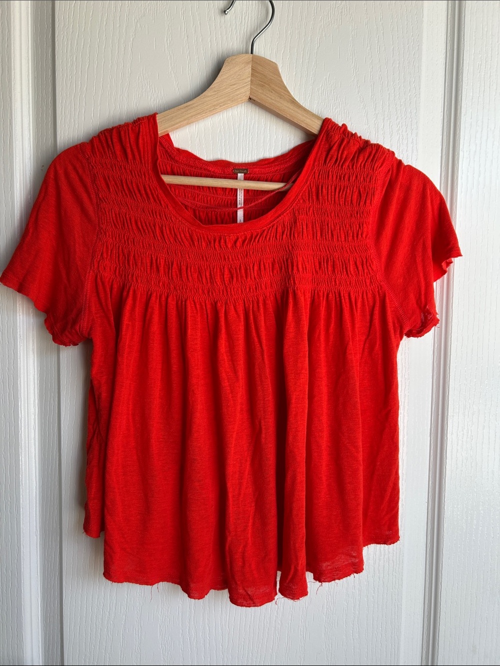 Free People Bright Red Smocked Yoke Short Sleeve Top